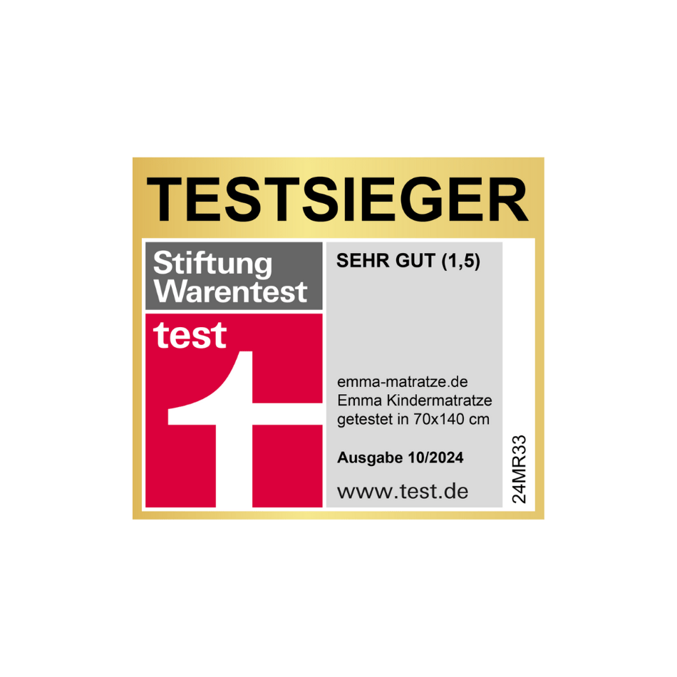 Testsieger-Siegel von Stiftung Warentest für Emma Kindermatratze, Note 1,5, Größe 70x140 cm, Ausgabe 10/2024.