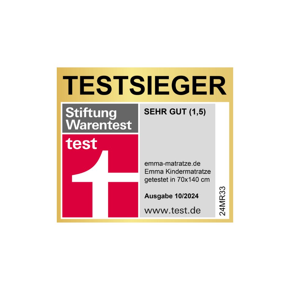 Testsieger-Siegel von Stiftung Warentest für Emma Kindermatratze, Note 1,5, Größe 70x140 cm, Ausgabe 10/2024.
