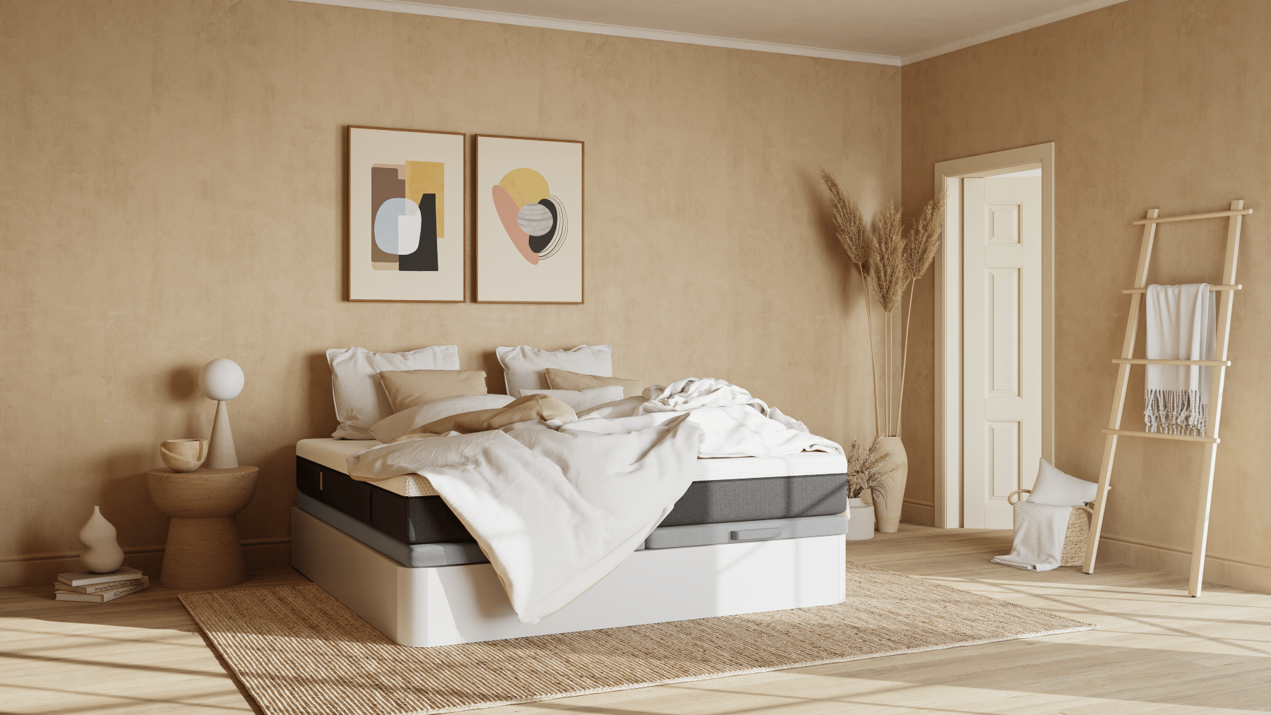 Imagem de um sommier com arrumação Emma num quarto, completo com um colchão Emma e acessórios de cama