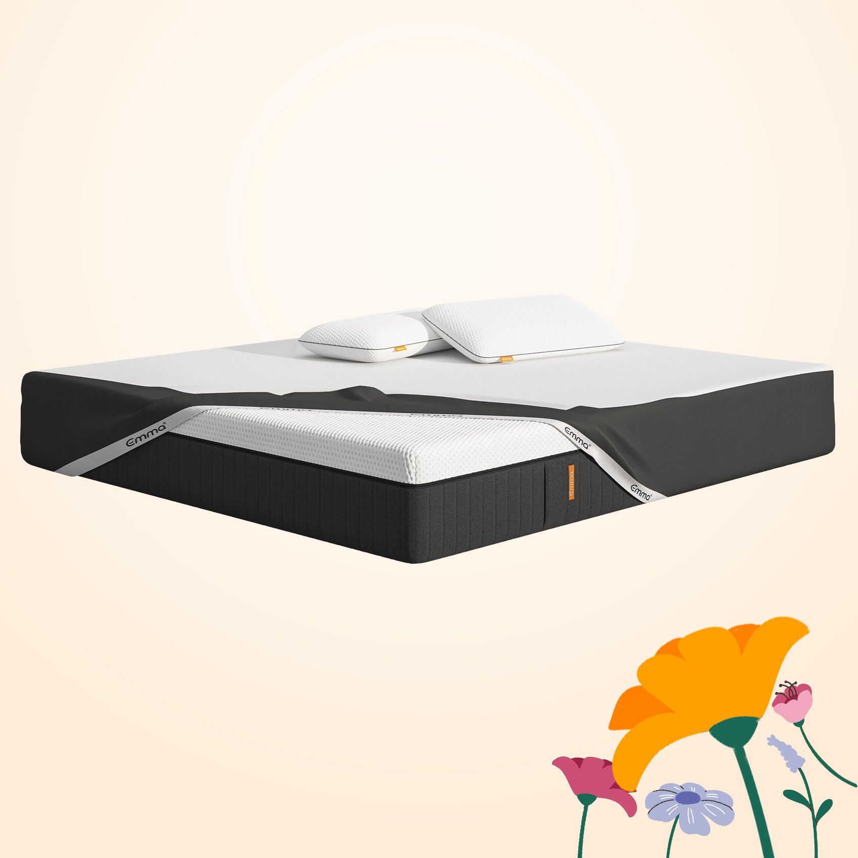 Uma imagem do Pack Original Pro, que inclui um colchão Emma Hybrid Premium, almofadas Emma Premium, e uma capa protetora