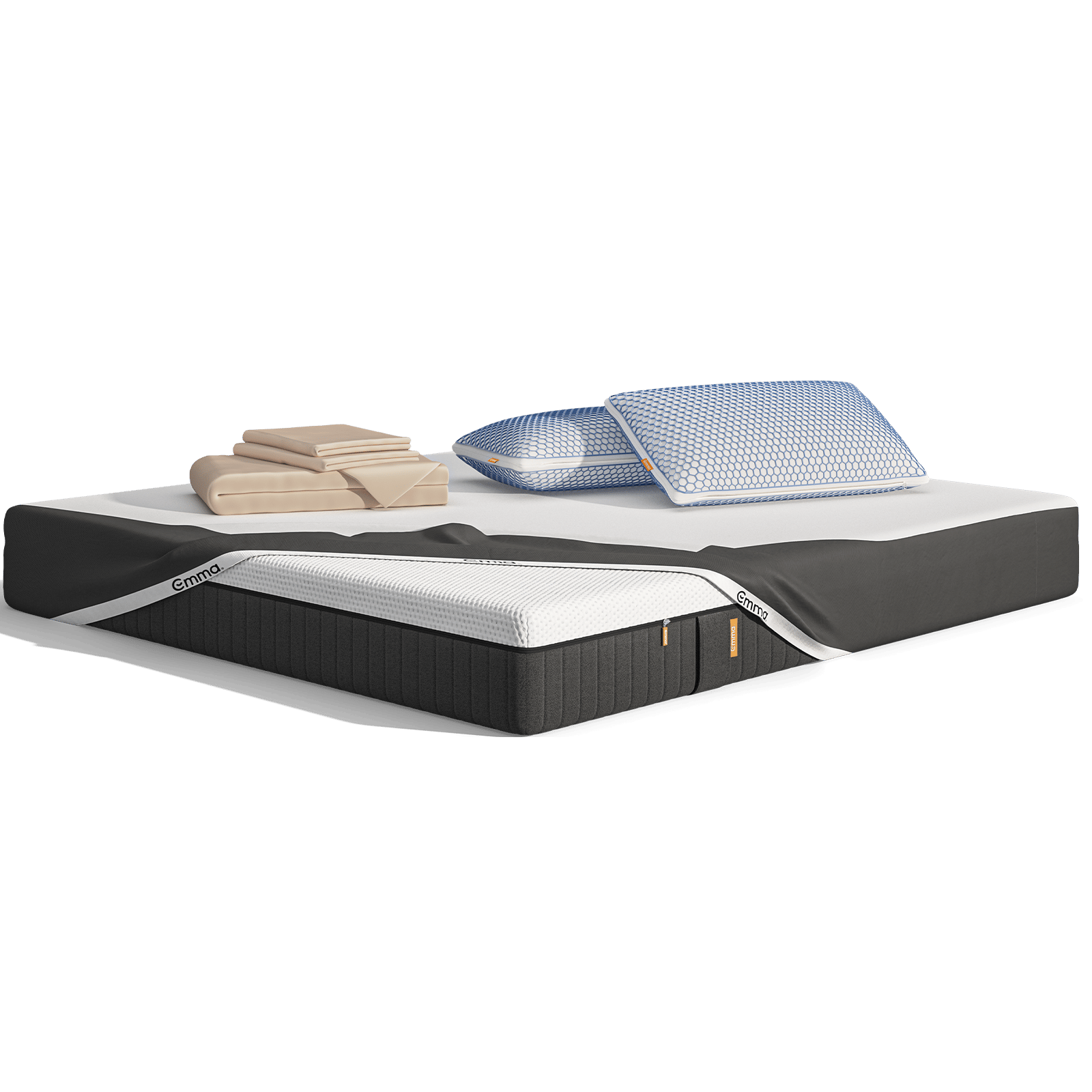 Uma imagem do pack Cooling Sleep Plus, que inclui um colchão Emma Hybrid Premium, almofadas Zero Gravity, roupa de cama, e uma capa protetora