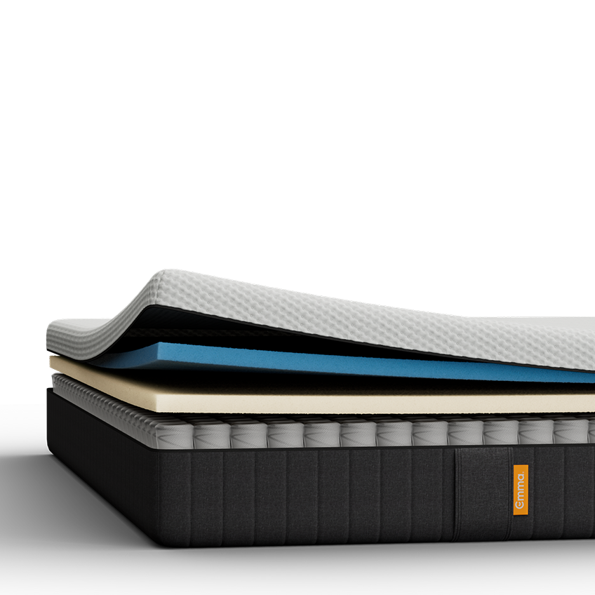 Grijs gestoffeerd bed met wit matras, in een slaapkamer.