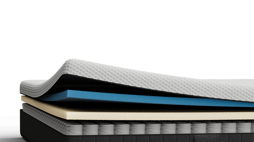Grijs gestoffeerd bed met wit matras, in een slaapkamer.