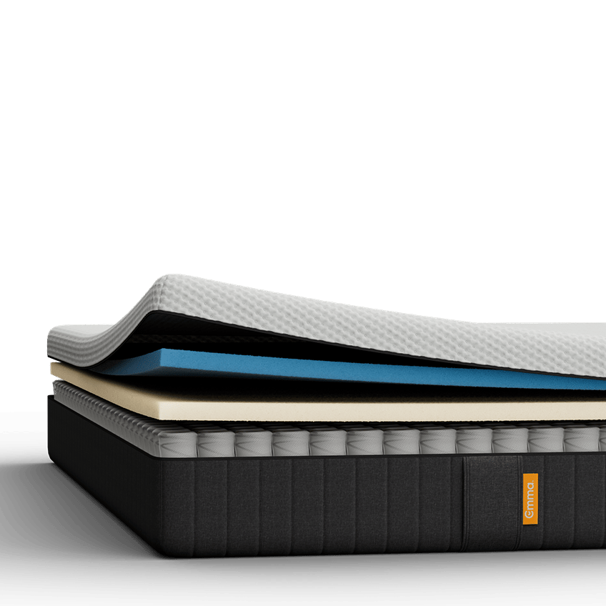 Materasso a strati visibili con molle insacchettate, memory foam blu e grigio, e un'etichetta arancione.