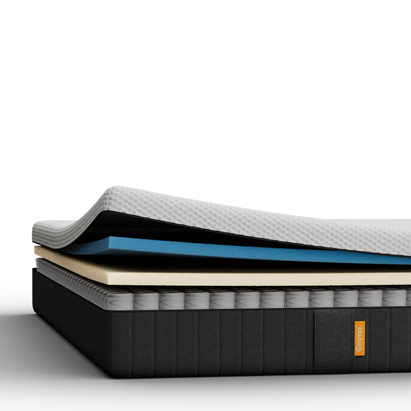 Grijs gestoffeerd bed met wit matras, in een slaapkamer.