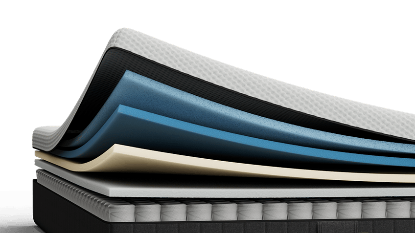 Grijs gestoffeerd bed met wit matras, in een slaapkamer.