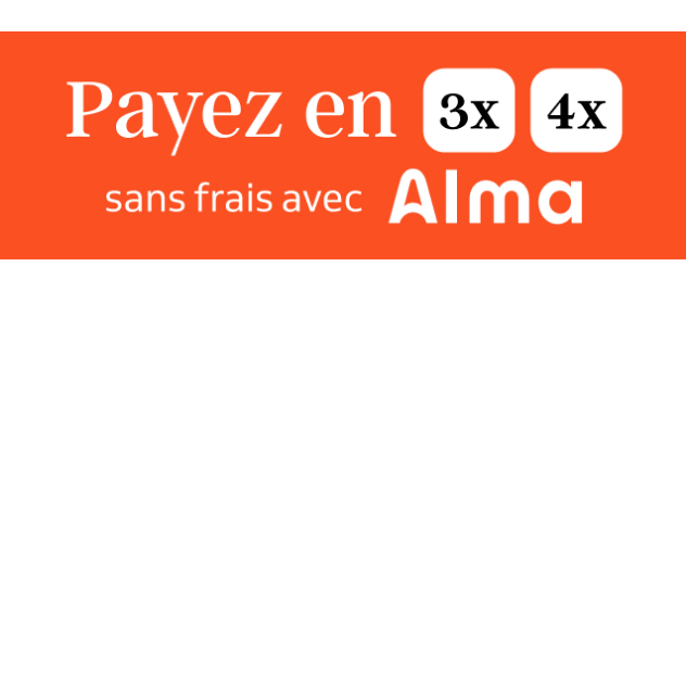 Visuel promotionnel sur fond orange vif indiquant 'Payez en 3x, 4x, 10x ou 12x avec Alma', avec texte en blanc et noir.