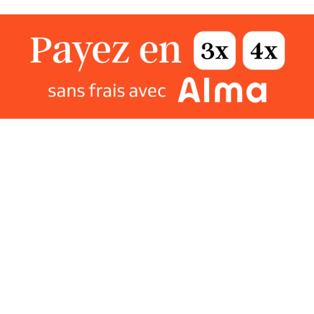 Visuel promotionnel sur fond orange vif indiquant 'Payez en 3x, 4x, 10x ou 12x avec Alma', avec texte en blanc et noir.