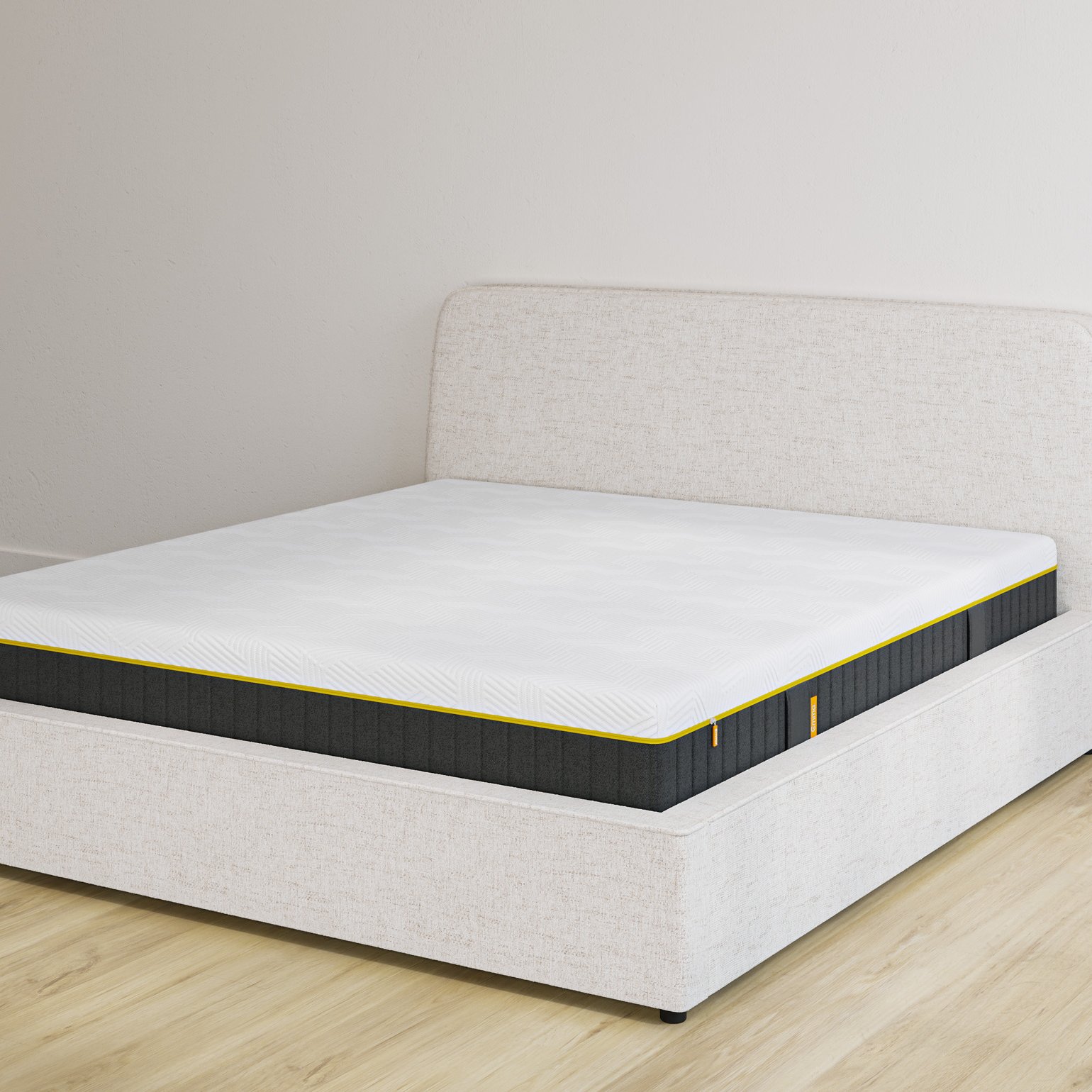 Emma storage bed in sand upholstery with headboard and Original mattress, on light wood floor.