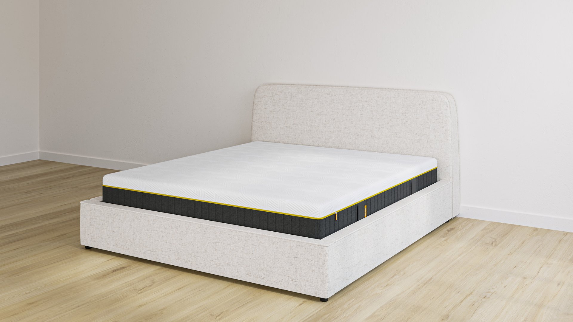 Emma storage bed in sand upholstery with headboard and Original mattress, on light wood floor.