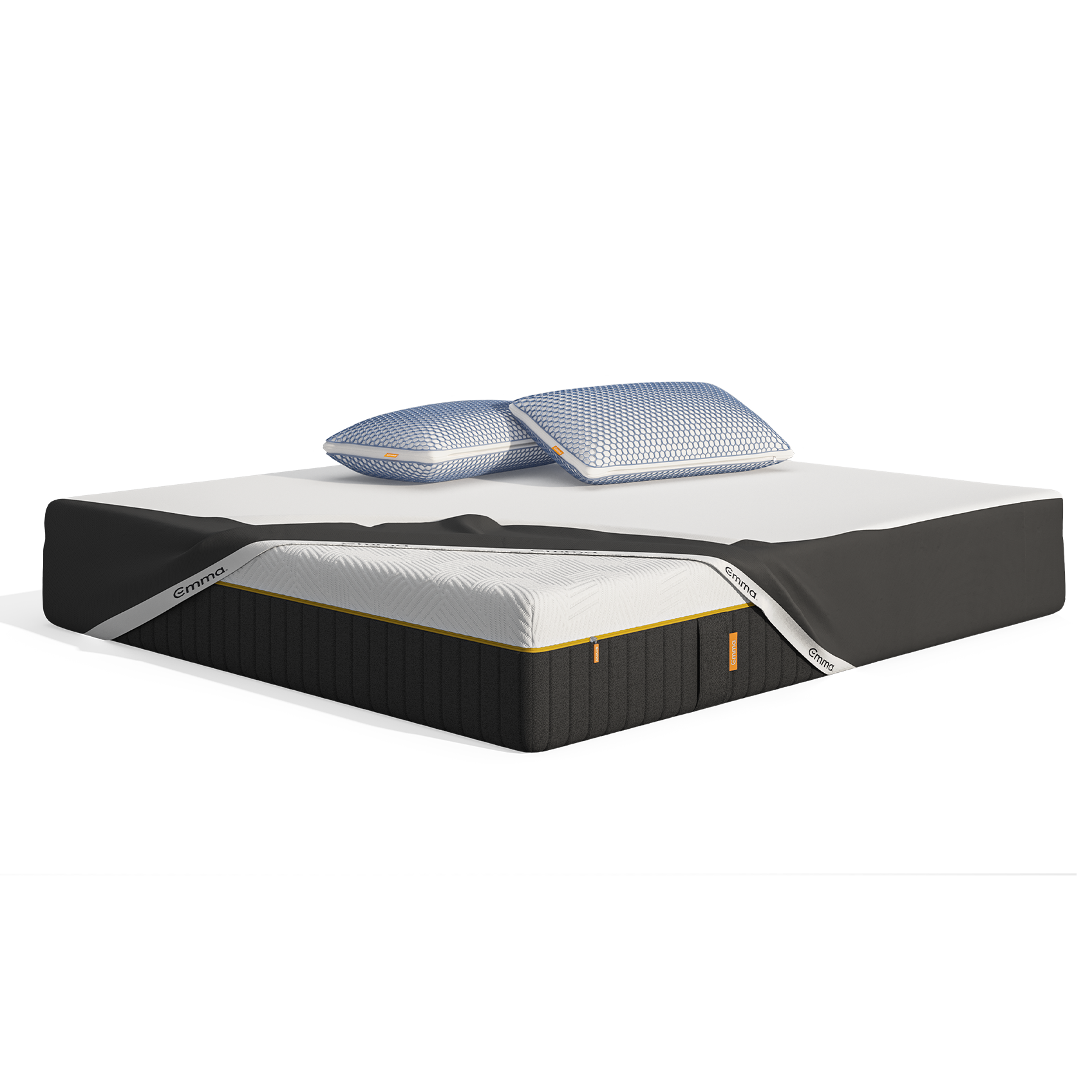  Uma imagem do Pack Emma Elite, que inclui um colchão Emma Zero Gravity, almofadas Zero Gravity, e uma capa protetora 