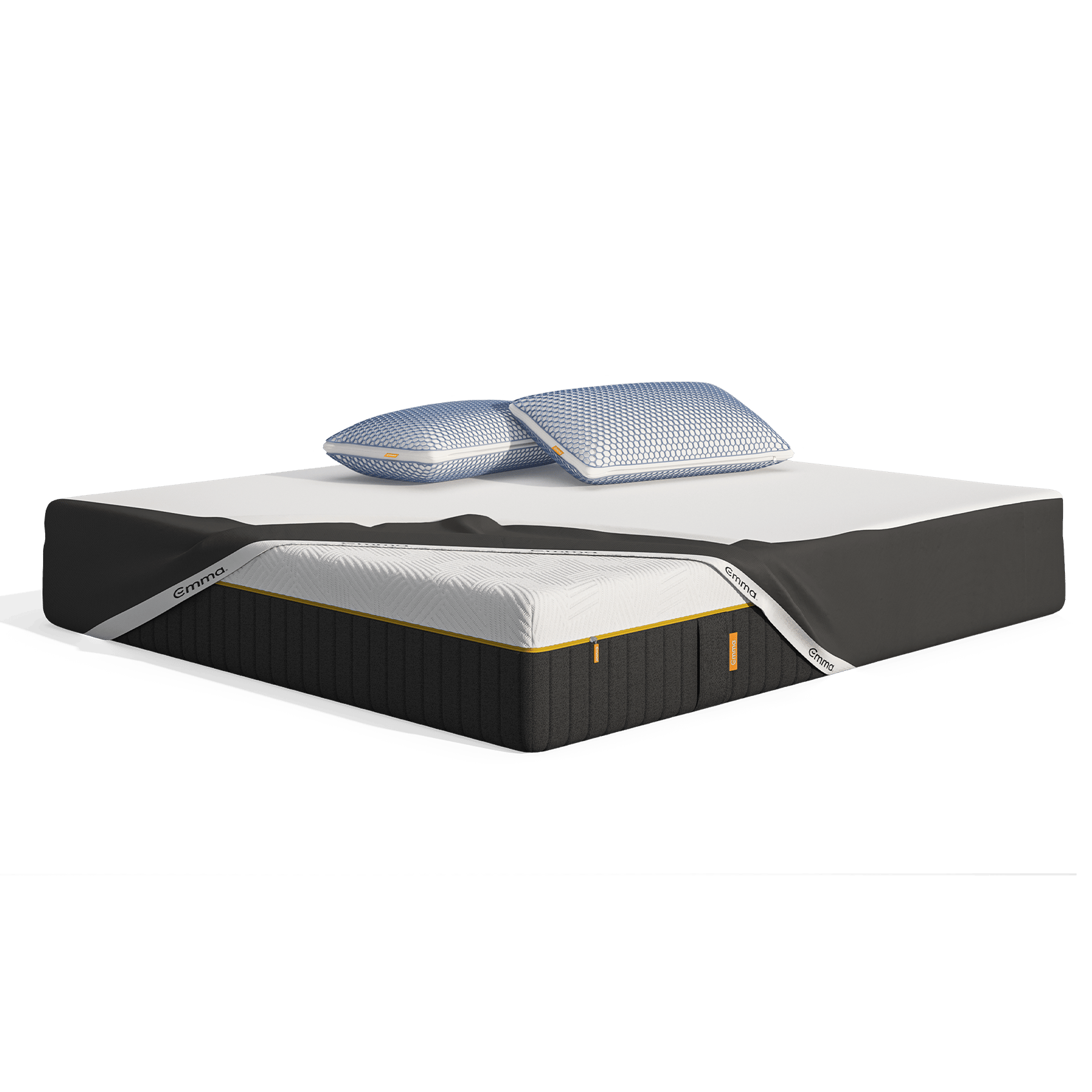 Uma imagem do Pack Emma Elite, que inclui um colchão Emma Zero Gravity, almofadas Zero Gravity, e uma capa protetora