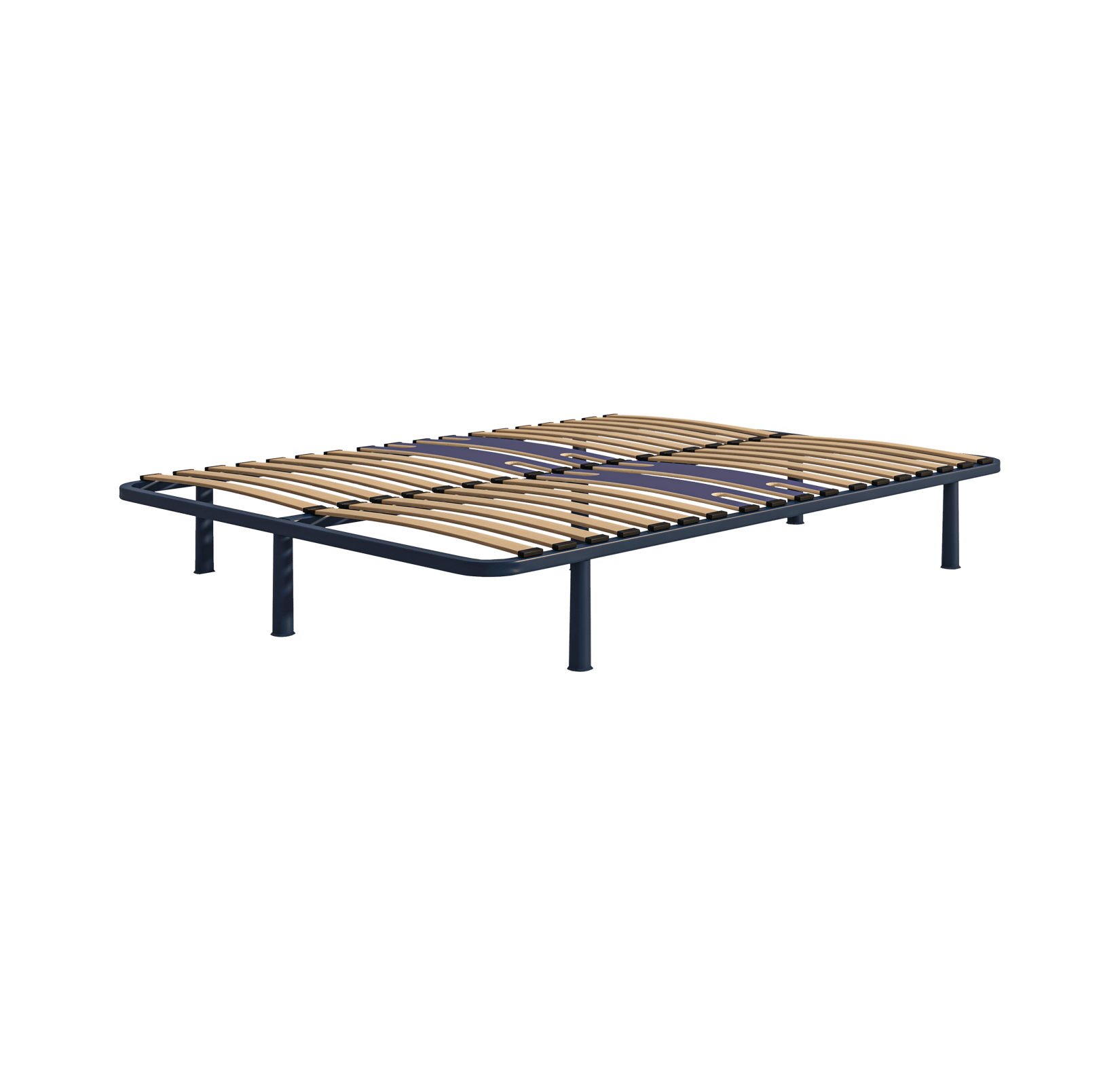 Rete letto in metallo con doghe in legno e struttura rialzata su più gambe.