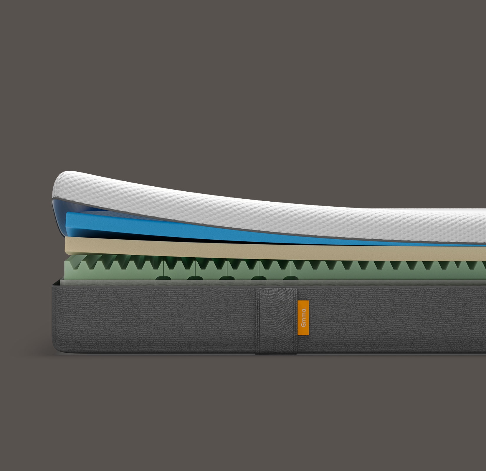 Side view showing the internal layers of the mattress, atop a supportive base and encased in a white quilted cover.