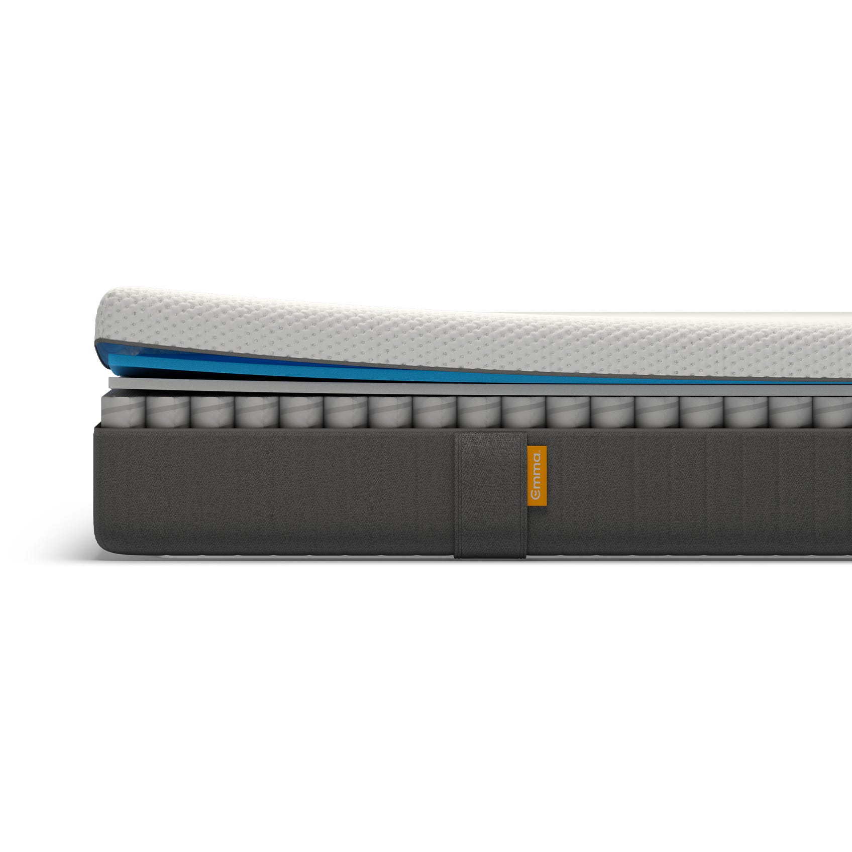 Vue de profil d’un matelas Emma avec ses différentes couches visibles : couche supérieure blanche texturée, couche bleue, et ressorts ensachés gris dans une base grise. Étiquette orange avec le nom “Emma” sur le côté.