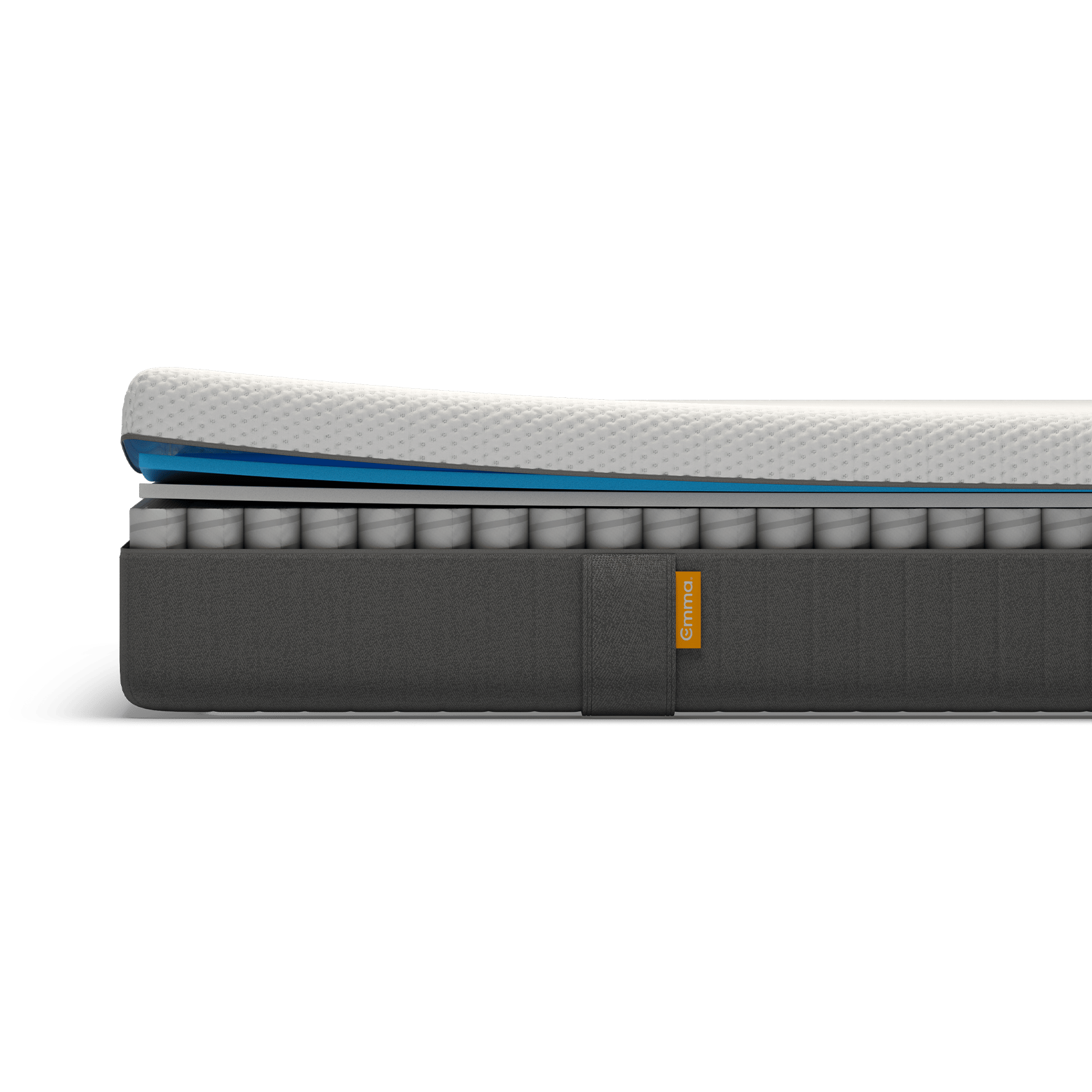 Vue en coupe du matelas Emma Hybride montrant ses couches de mousse à mémoire de forme et ses ressorts ensachés.
