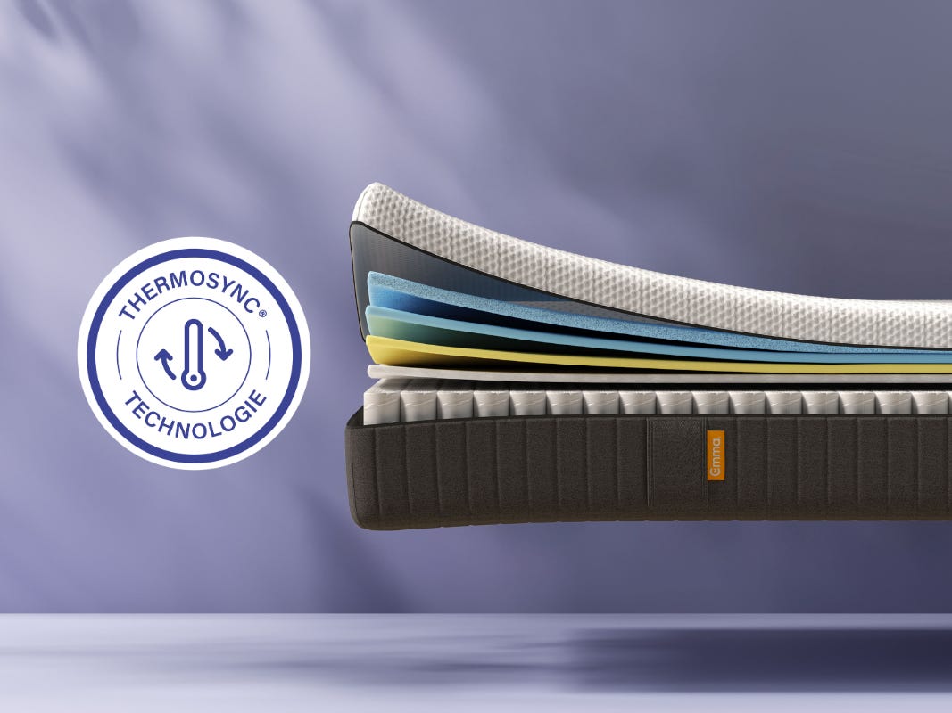 Dwarsdoorsnede van het Emma Hybrid Premium matras met meerdere schuimlagen en pocketveren, inclusief ThermoSync®-logo—ontworpen voor temperatuurregulatie.