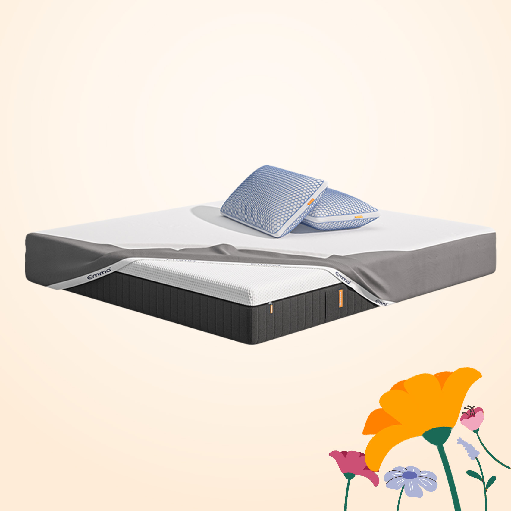  Uma imagem do pack Cooling Sleep, que inclui um colchão Emma Hybrid Premium, almofadas Zero Gravity, e uma capa protetora