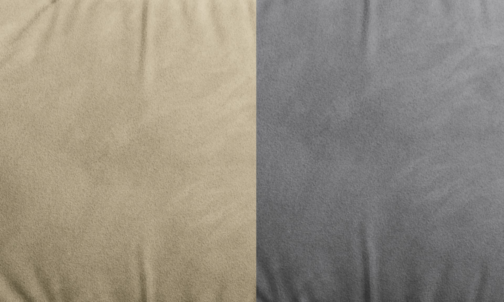 Confronto tra tessuti microfibra: beige a sinistra, grigio a destra, entrambi con pieghe visibili.