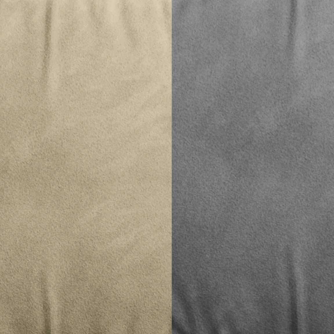 Confronto tra tessuti microfibra: beige a sinistra, grigio a destra, entrambi con pieghe visibili.