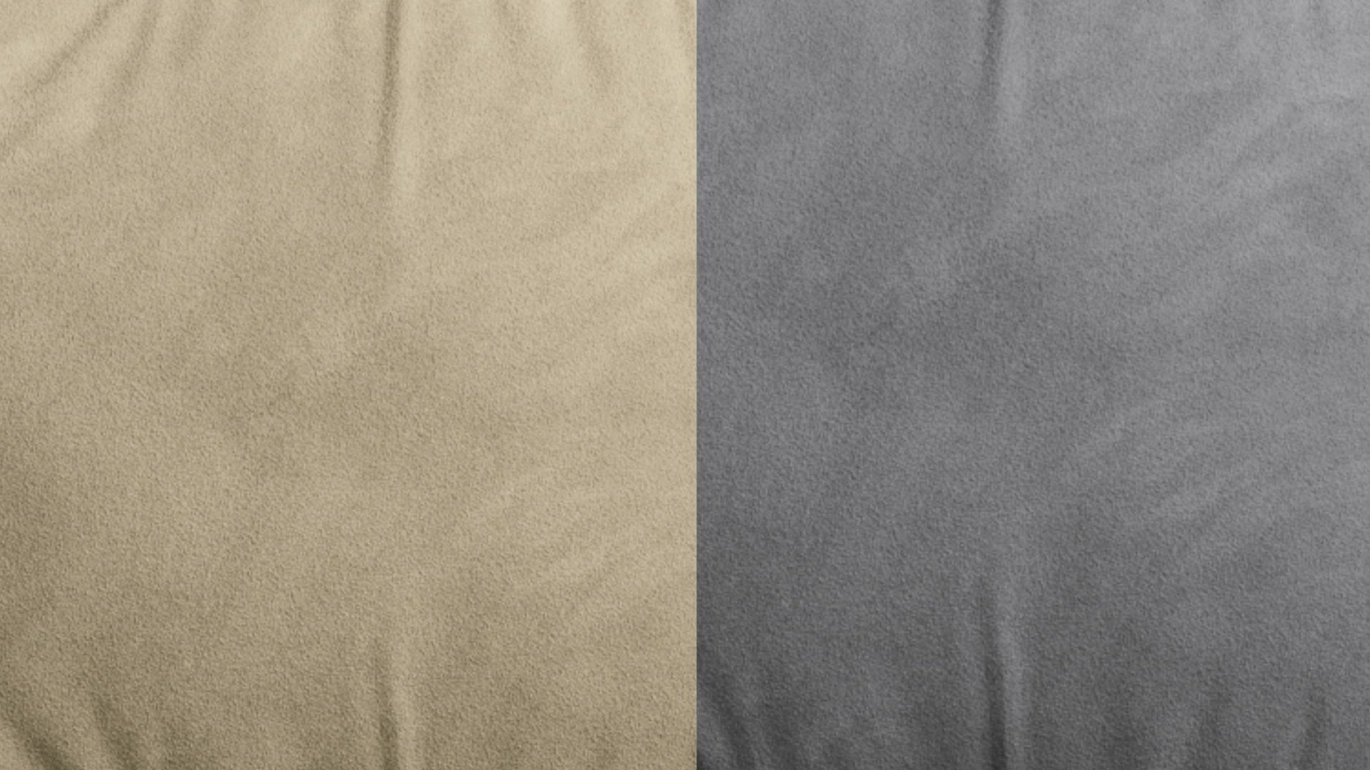 Confronto tra tessuti microfibra: beige a sinistra, grigio a destra, entrambi con pieghe visibili.