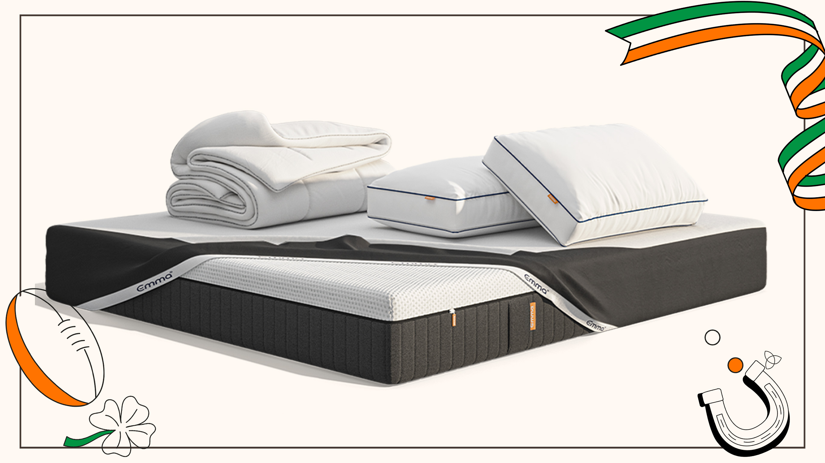 Irish Weeks Mega Bundle. It includes the following Emma products: mattress, two pillows and a duvet render. Soft white background with St. Patrick Symbols.