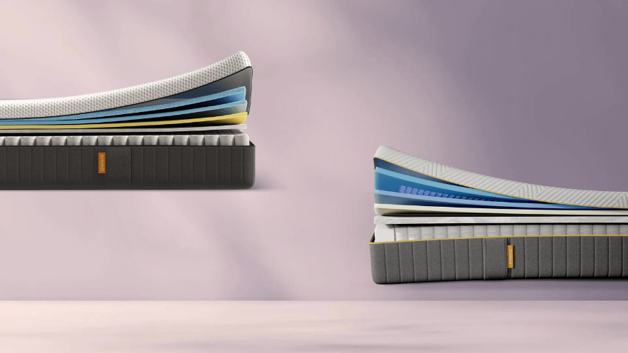 Vergelijkende doorsnede van drie matrassen: linksboven de Emma AirGrid matras met blauw honingraatmateriaal en schuimlagen; rechtsboven de Emma Hybrid Premium matras met zachte witte bovenlaag, schuimstructuur en pocketveren.