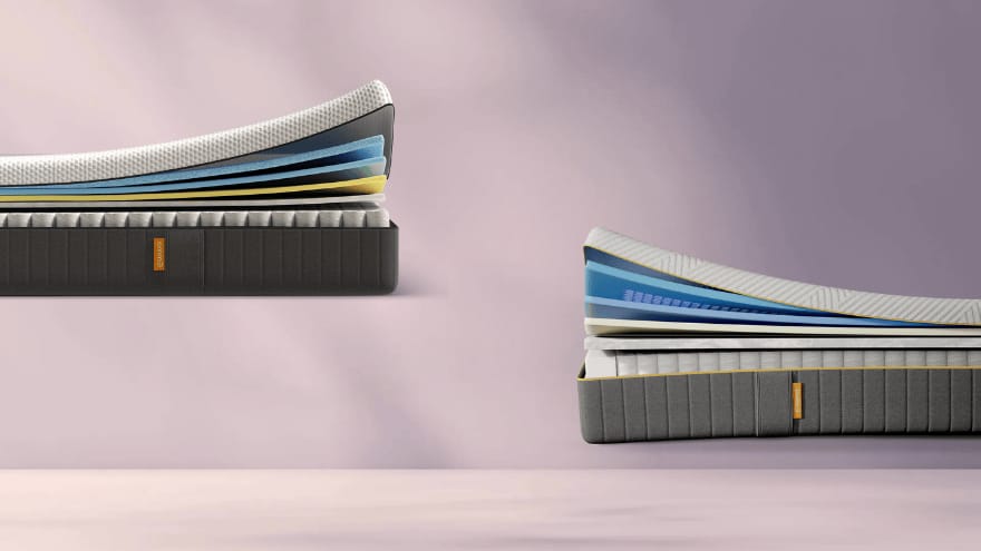 Vergelijkende doorsnede van drie matrassen: linksboven de Emma AirGrid matras met blauw honingraatmateriaal en schuimlagen; rechtsboven de Emma Hybrid Premium matras met zachte witte bovenlaag, schuimstructuur en pocketveren.