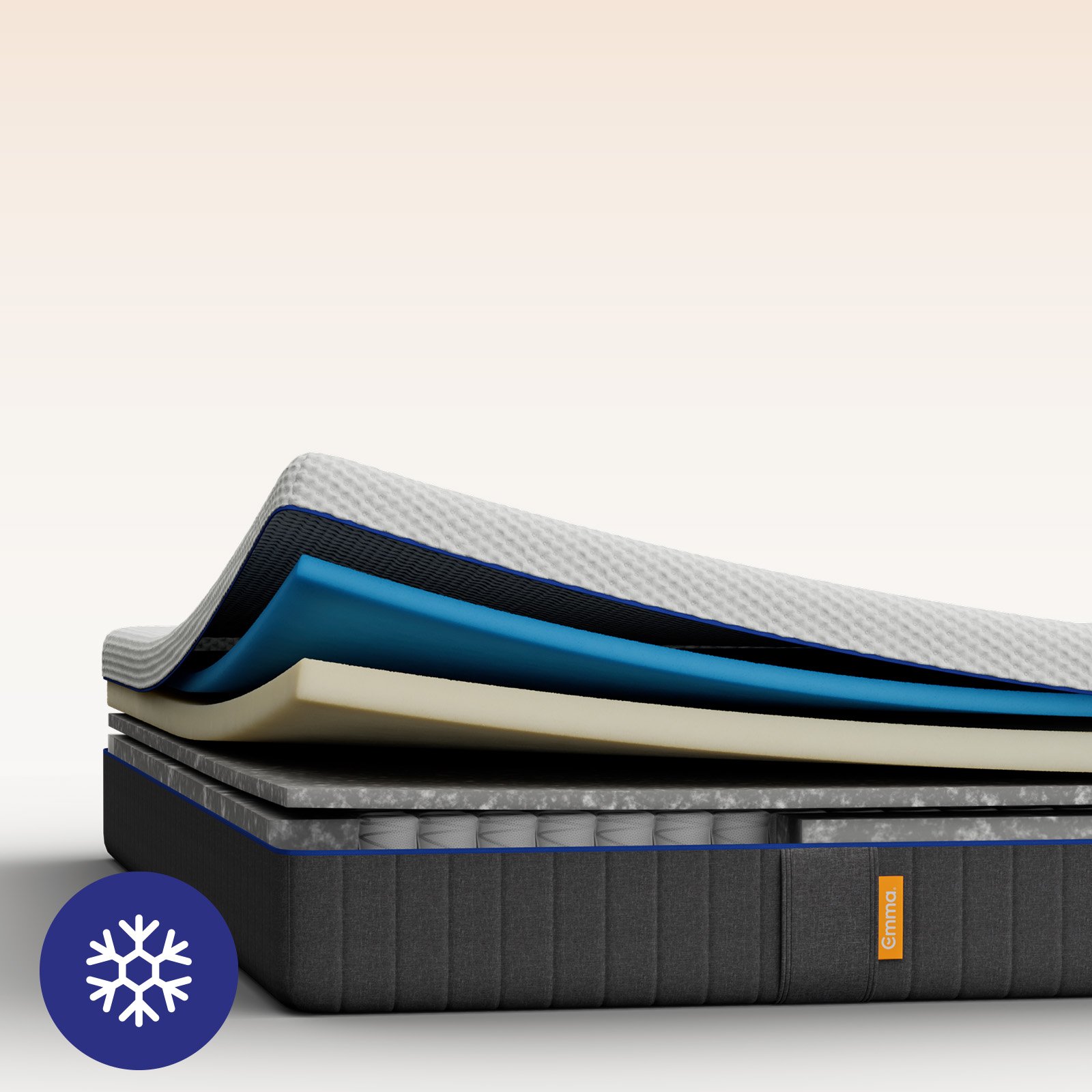 Emma Original mattress layers view showing multiple foam layers including a blue foam layer, with a cooling badge.