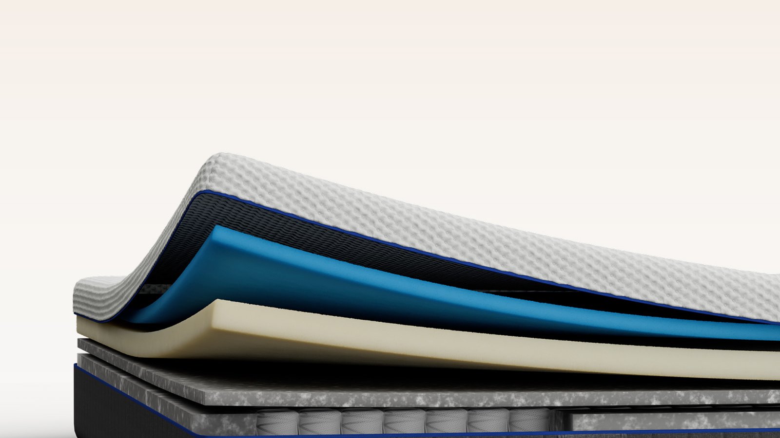 Emma Original mattress layers view showing multiple foam layers including a blue foam layer, with a cooling badge.