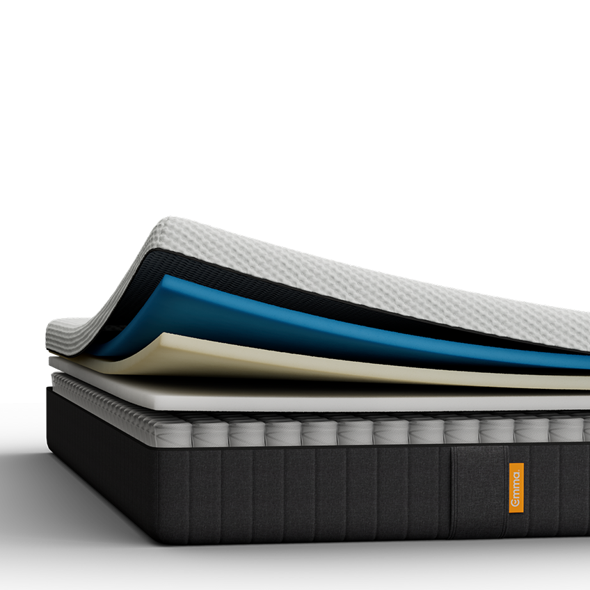 Vue en coupe d’un matelas hybride à plusieurs couches, comprenant une housse respirante, une mousse rafraîchissante, une mousse à mémoire de forme et des ressorts ensachés, mettant en valeur son confort ergonomique et sa construction haut de gamme.