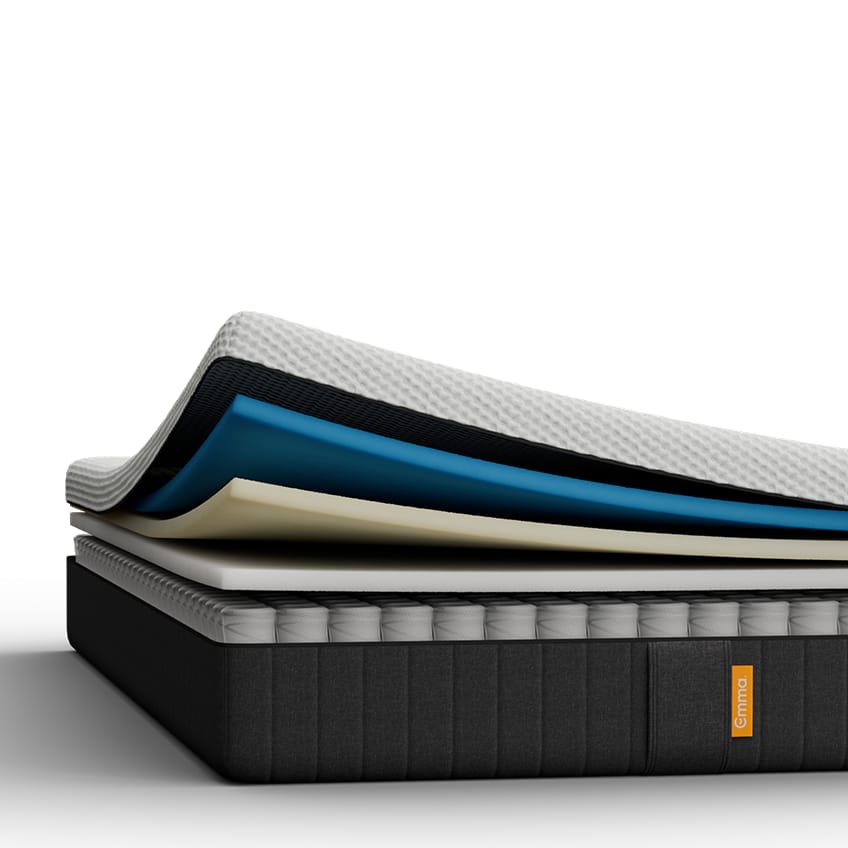 Vue en coupe d’un matelas hybride à plusieurs couches, comprenant une housse respirante, une mousse rafraîchissante, une mousse à mémoire de forme et des ressorts ensachés, mettant en valeur son confort ergonomique et sa construction haut de gamme.