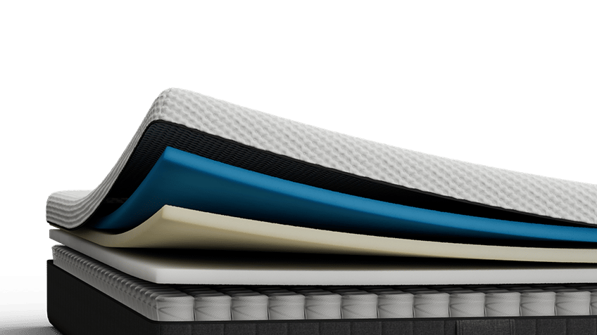 Doorsnede van het matras met schuimlagen boven pocketveren.