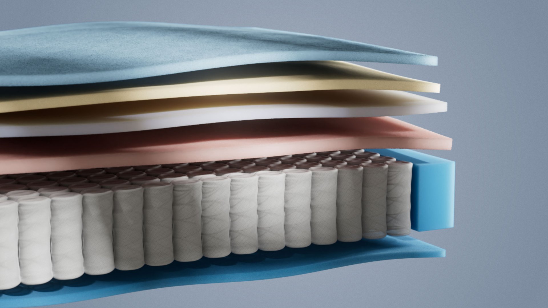 Emma Original Pro mattress layers view showing blue and cream foam layers above a pocket spring core in close-up detail.