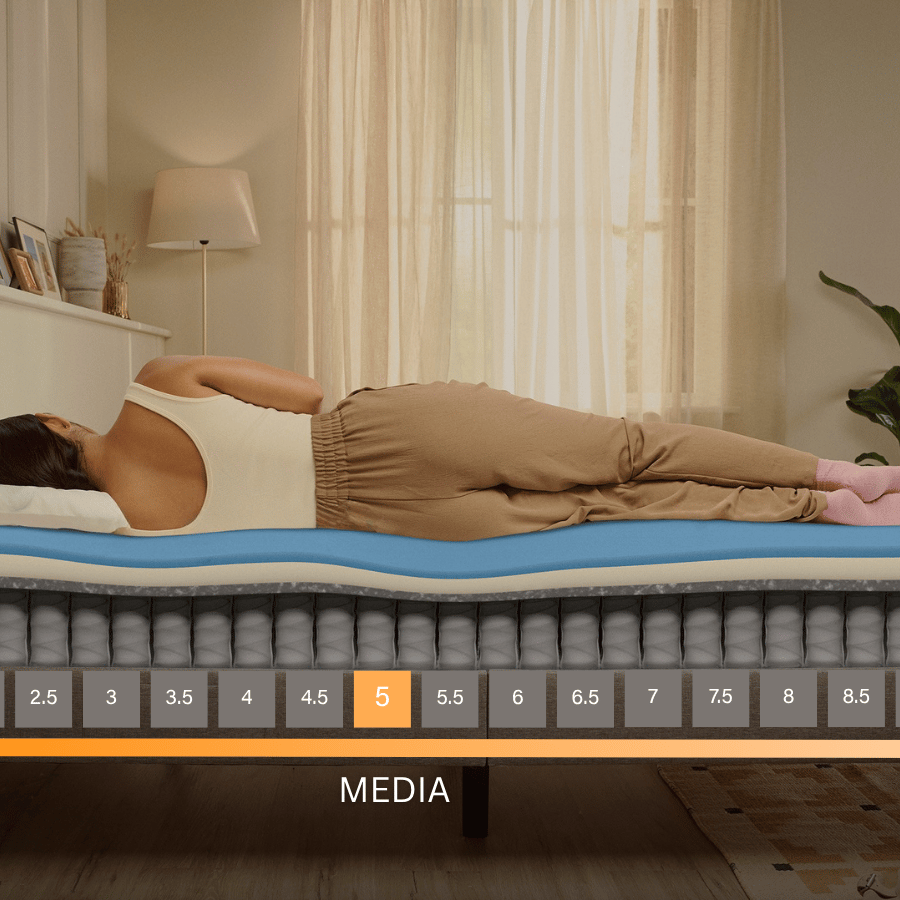 Emma Hybrid Premium con firmeza media que combina suavidad y soporte para un descanso equilibrado y confortable.