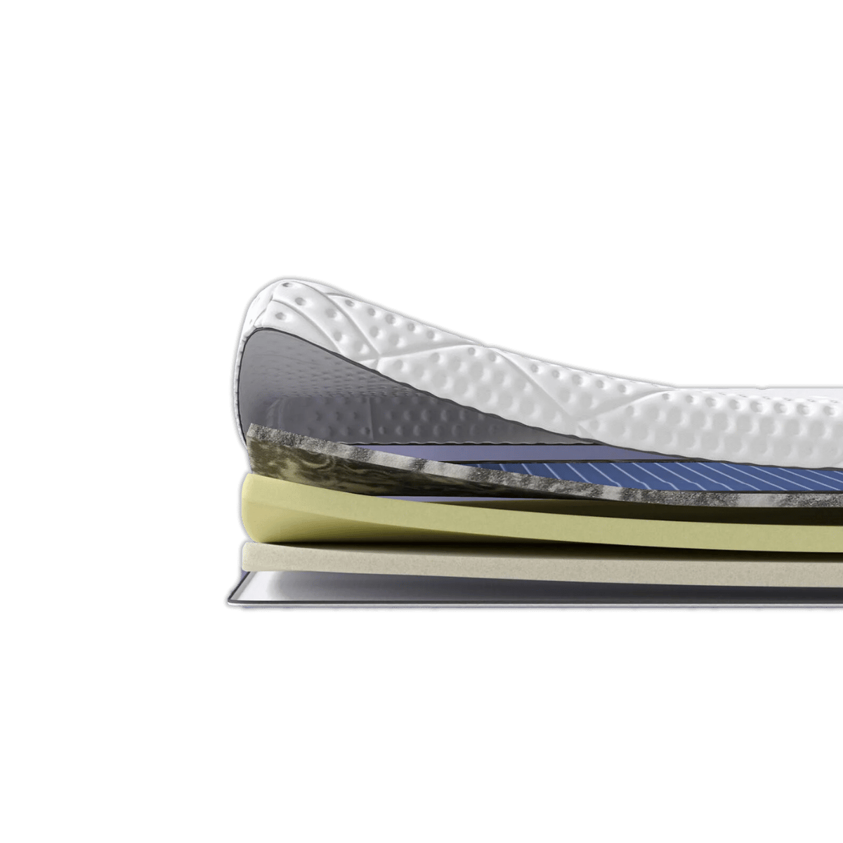 Topper multistrato con sezioni sovrapposte di diversi materiali e colori: bianco, grigio, nero, blu, giallo e beige.