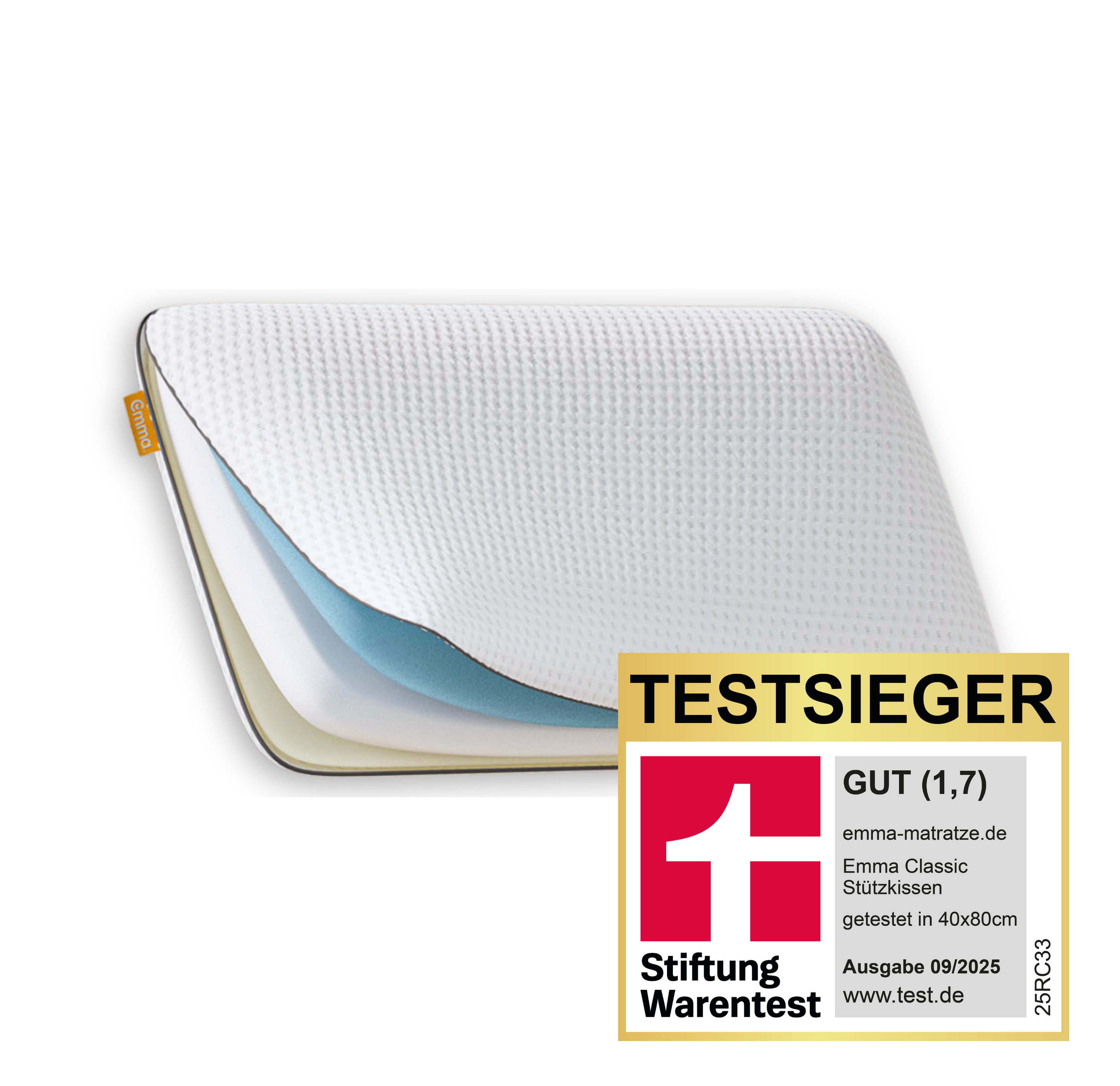 Emma Classic Stützkissen mit sichtbaren Schichten.