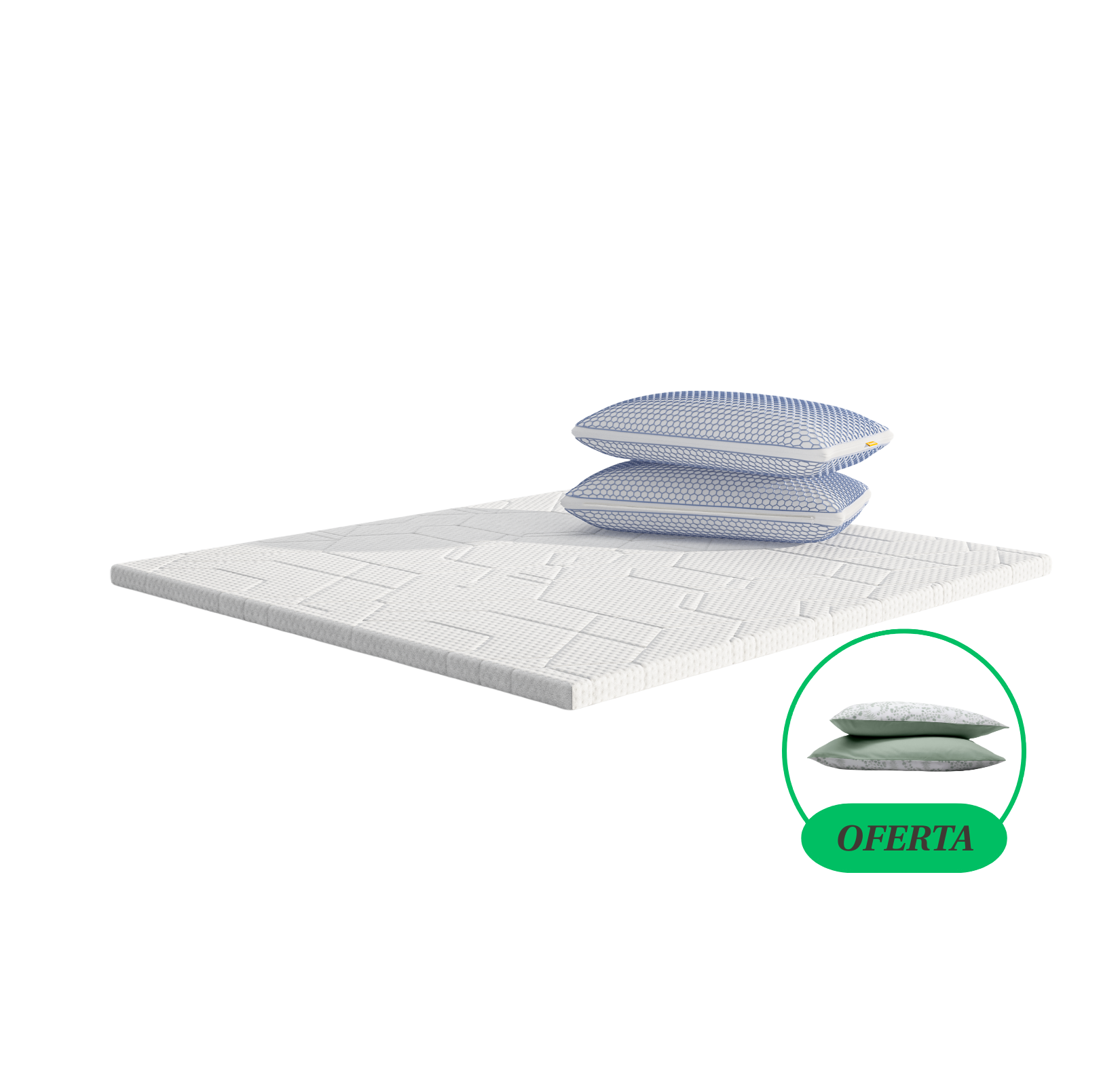  Uma imagem do kit Sobrecolchão Emma, que inclui um sobrecolchão Emma, e duas almofadas Microfibra Zero Gravity empilhadas