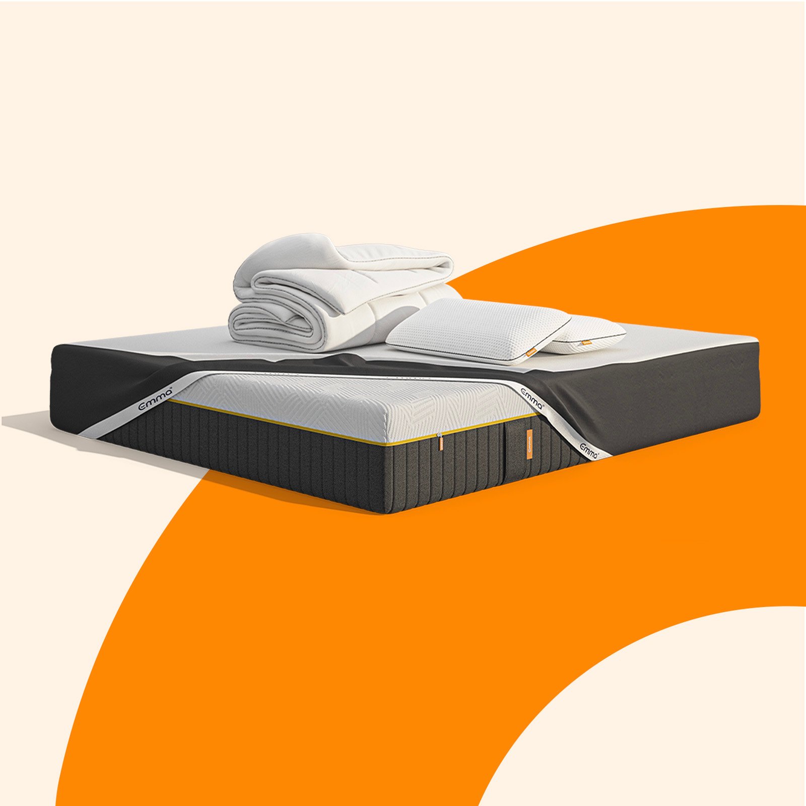 Late Summer Mega Bundle. It includes the following Emma products: mattress, two pillows and a duvet render. Soft white background, floral theme.