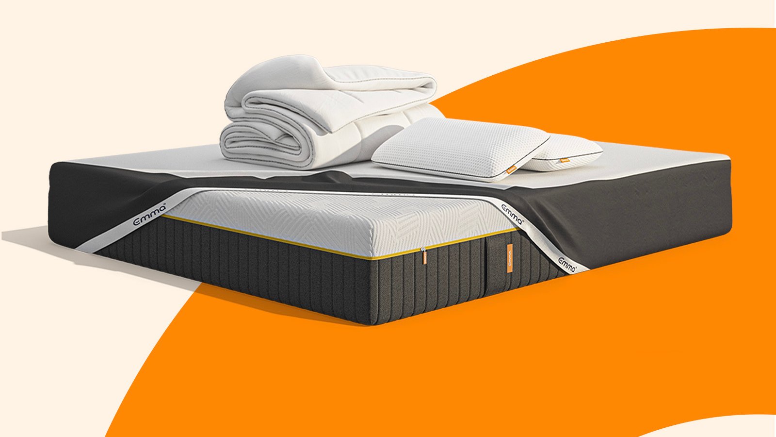 Late Summer Mega Bundle. It includes the following Emma products: mattress, two pillows and a duvet render. Soft white background, floral theme.