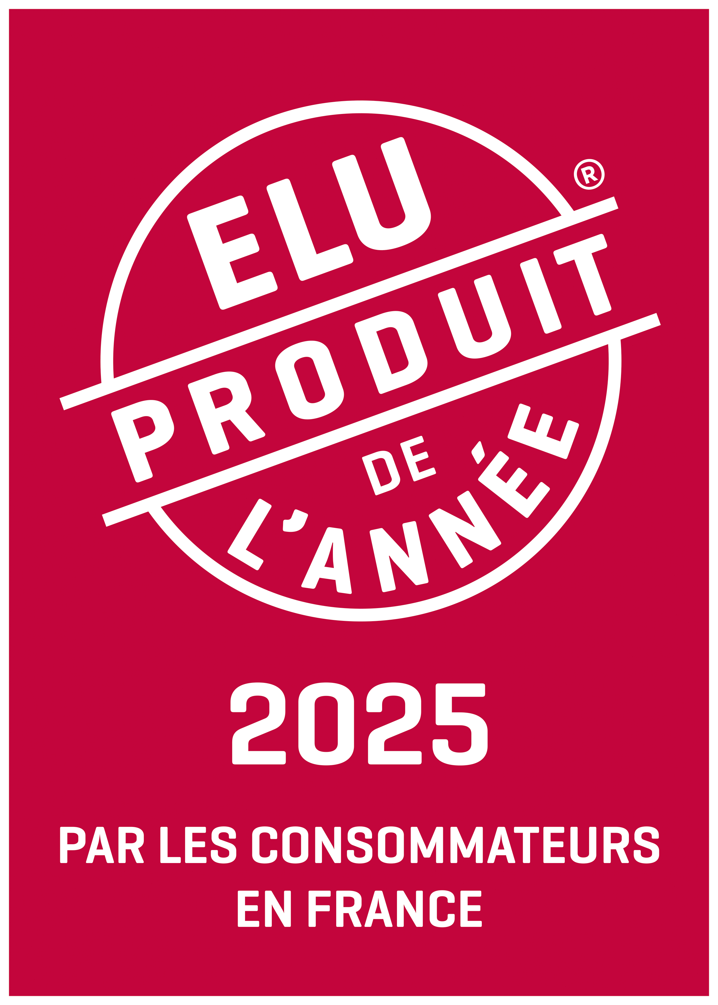 Logo rouge et blanc indiquant 'Élu Produit de l'Année 2025' par les consommateurs en France, avec texte en majuscules.