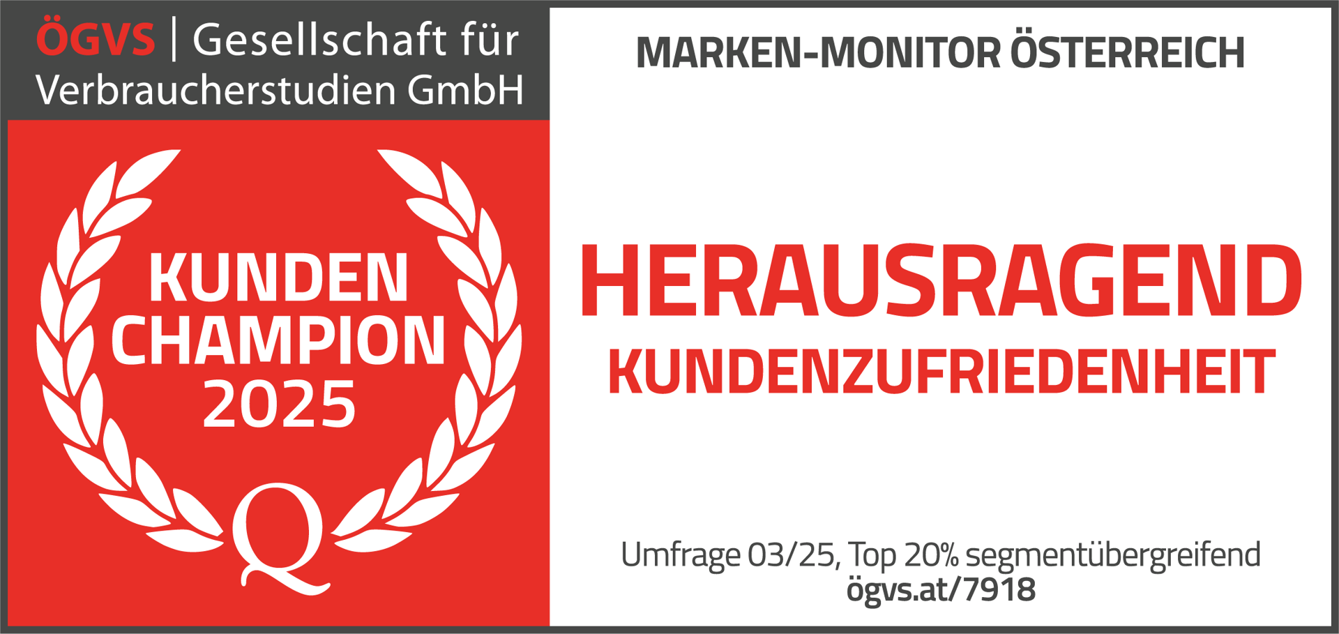 ÖGVS Marken-Monitors Österreich 2025: Kunden Champion für Kundenzufriedenheit. Umfrage 03/2025, Top 20% segmentübergreifend