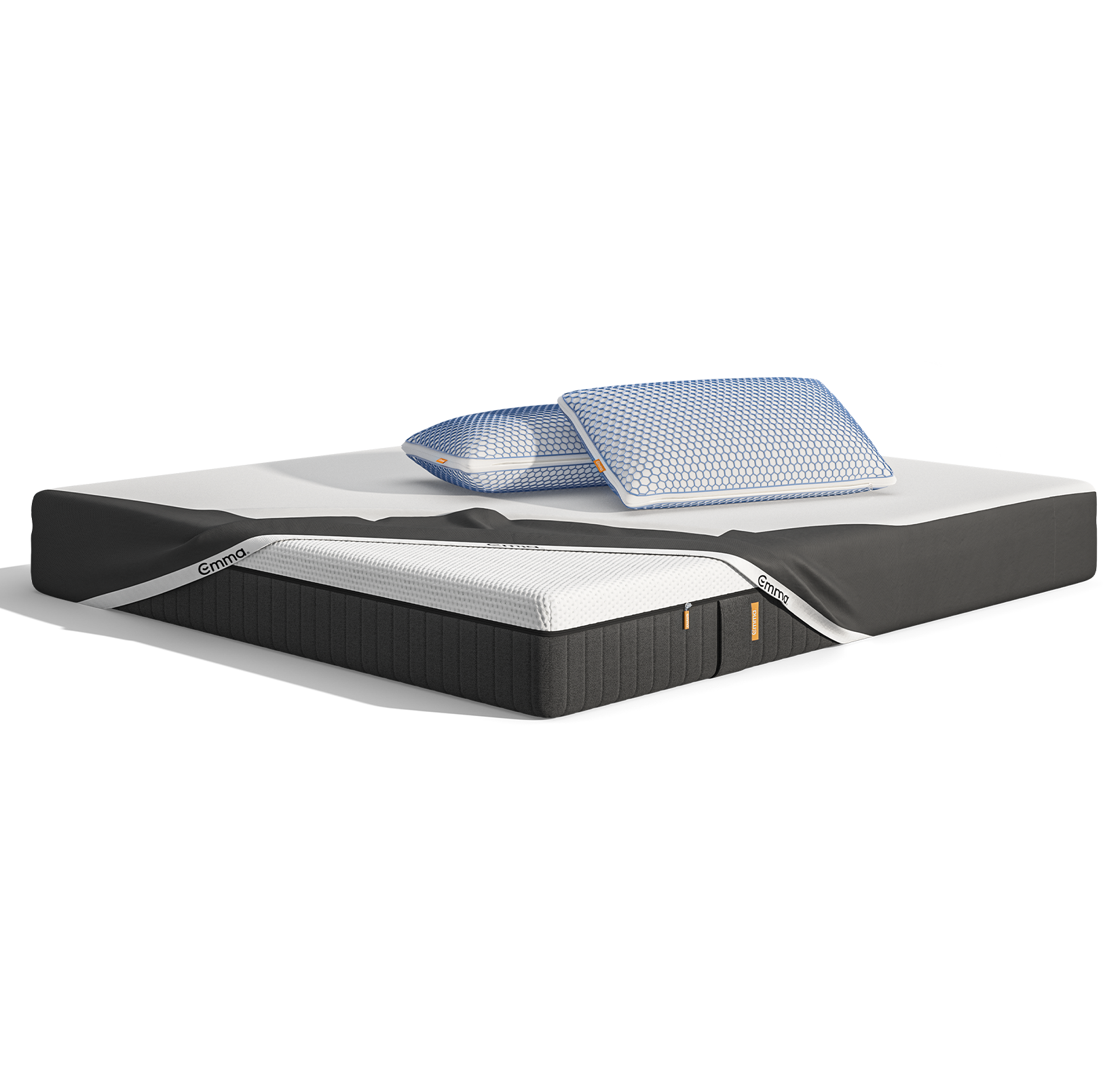  Uma imagem do pack Cooling Sleep, que inclui um colchão Emma Hybrid Premium, almofadas Zero Gravity, e uma capa protetora