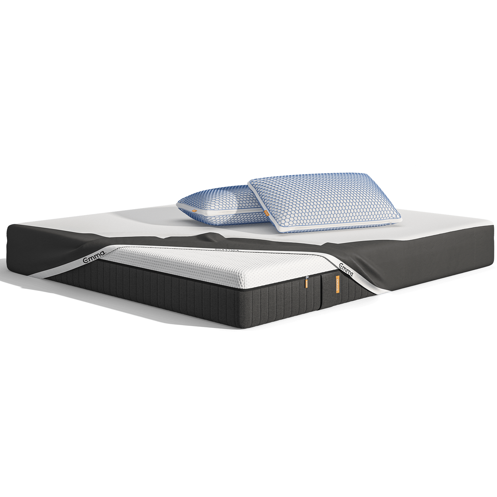 Uma imagem do pack Cooling Sleep, que inclui um colchão Emma Hybrid Premium, almofadas Zero Gravity, e uma capa protetora