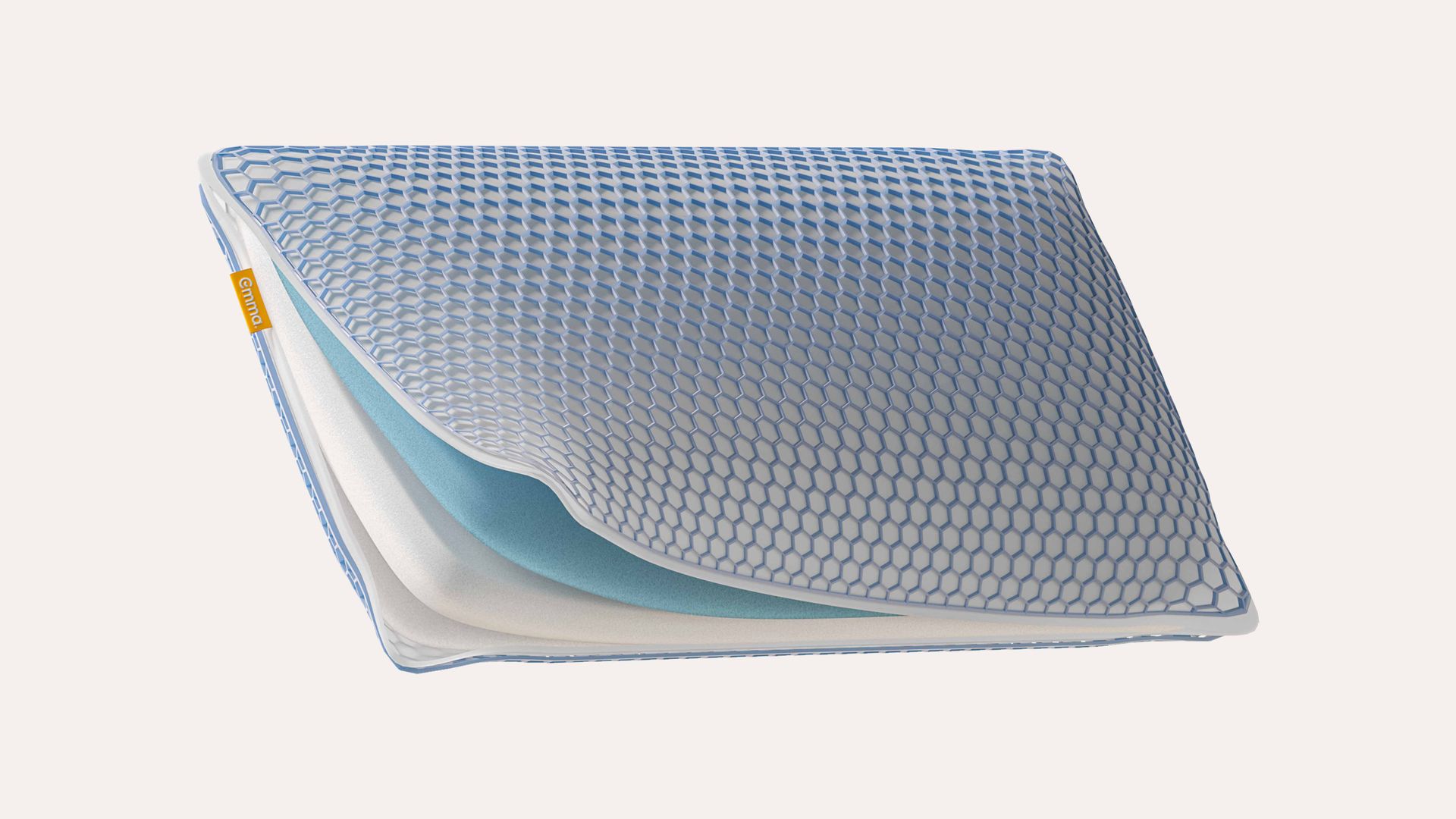 Cuscino a strati con rivestimento a rete blu e etichetta arancione