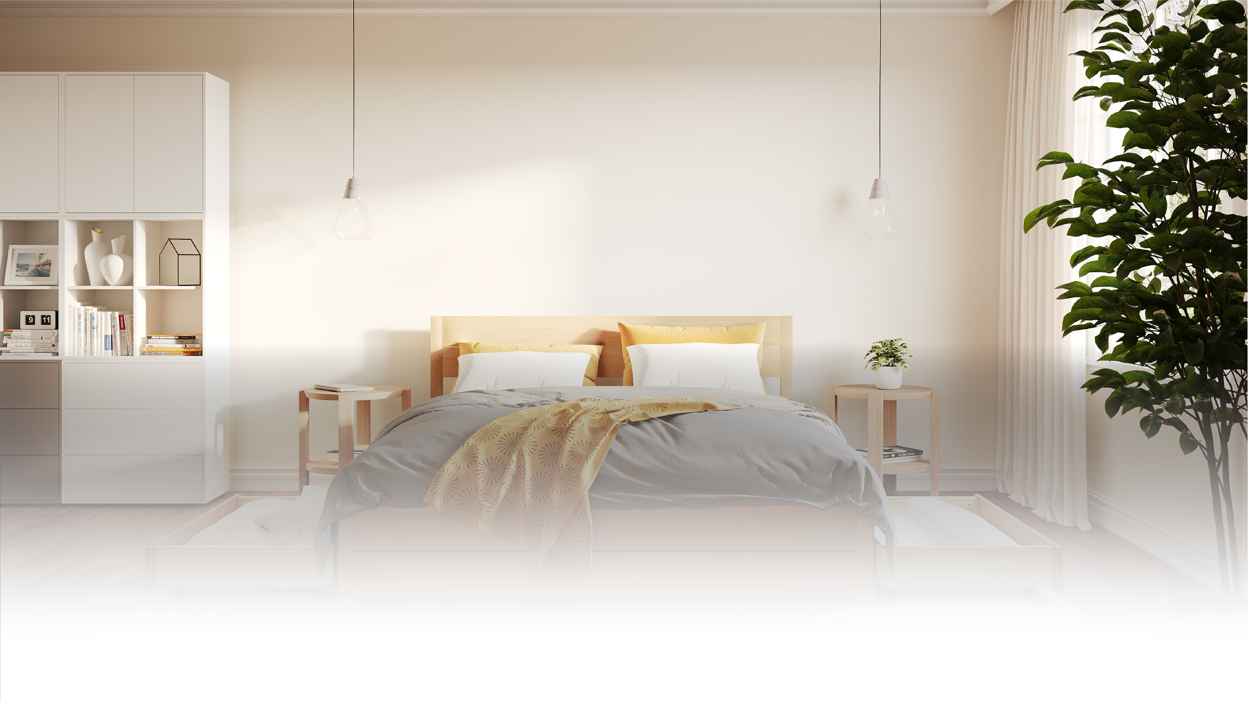 Holzbett mit Stauraum und gelber Bettdecke.