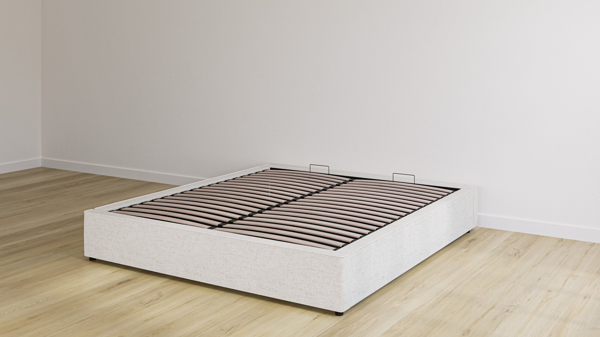 Lit de rangement Emma en tissu couleur sable, base relevée ouverte pour montrer les lattes en bois et les poignées de levage.