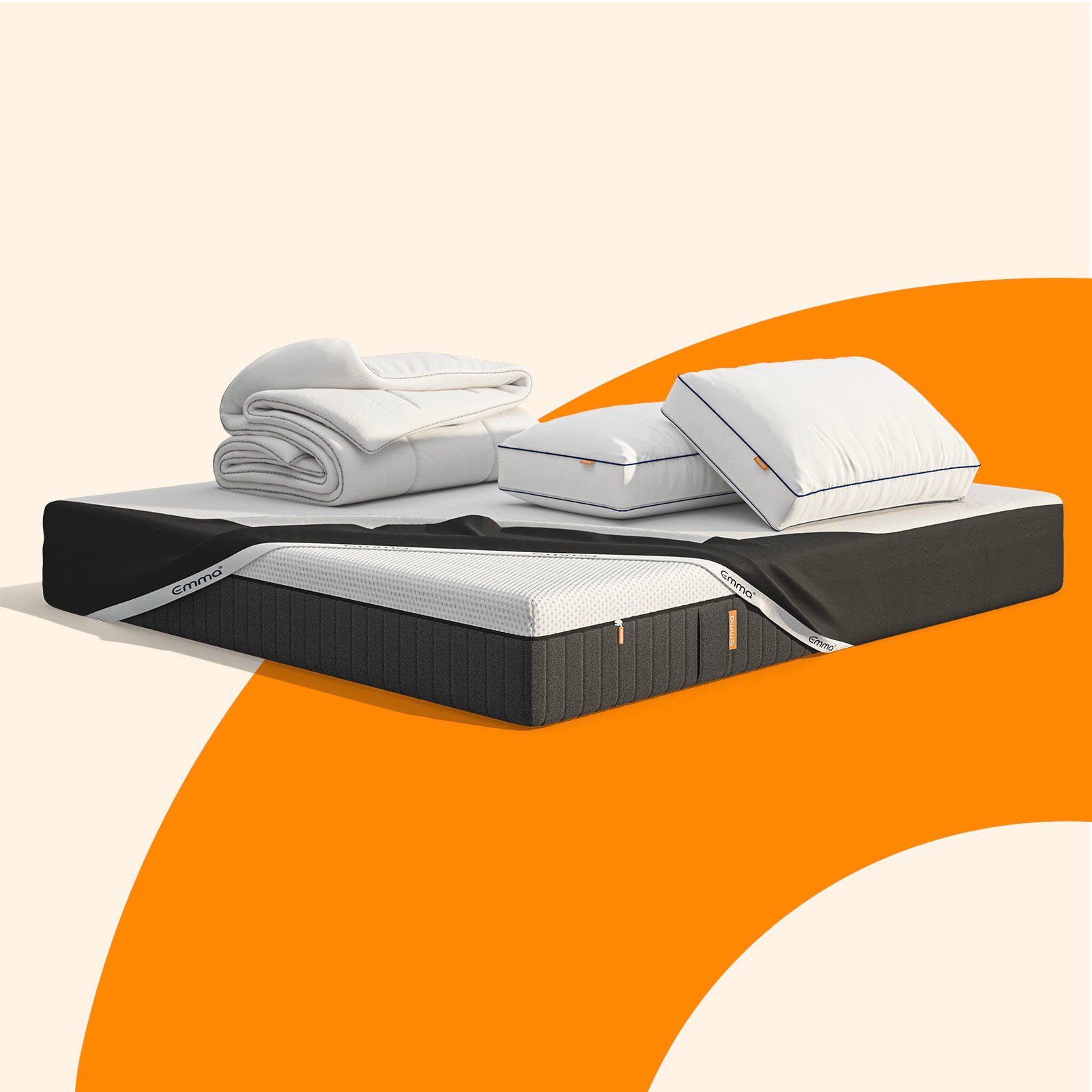Big Summer Mega Bundle. It includes the following Emma products: mattress, two pillows and a duvet render. Soft white background, floral theme.
