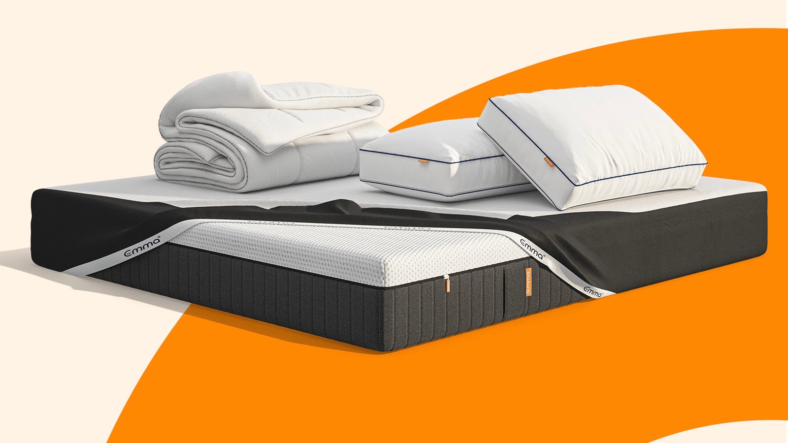 Big Summer Mega Bundle. It includes the following Emma products: mattress, two pillows and a duvet render. Soft white background, floral theme.