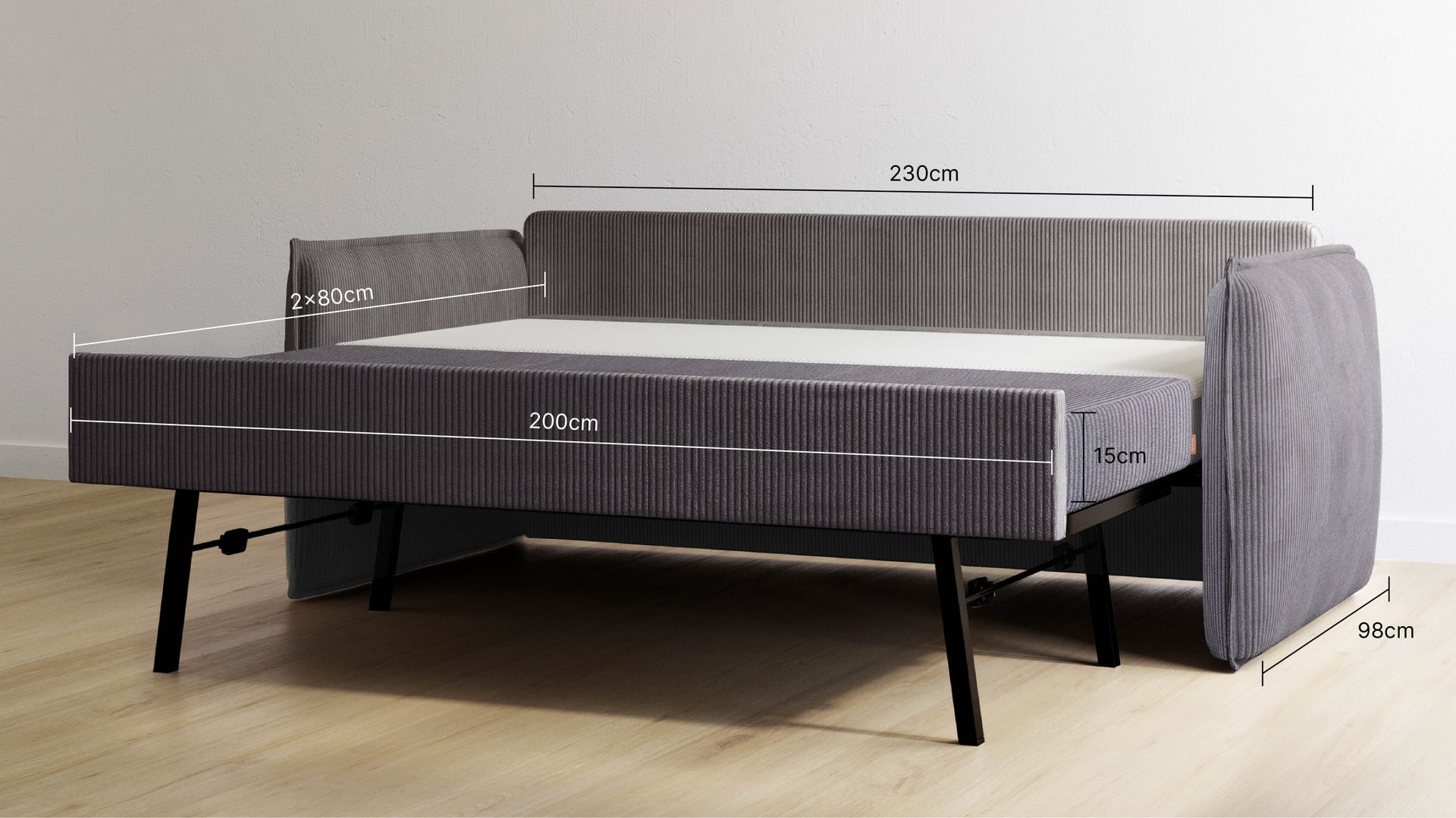 Canapé convertible gris en position lit, avec accoudoirs des deux côtés. Dimensions indiquées : largeur totale 230 cm, longueur du couchage 200 cm, épaisseur des accoudoirs 2 × 80 cm, hauteur du lit 15 cm, profondeur du canapé 98 cm. Image illustrant la structure et l’encombrement du canapé en configuration couchage.